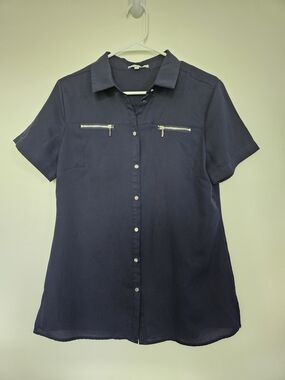 MARIE CLAIRE Navy Blue Short Sleeve Button Down Blouse Top Zipper Pockets M